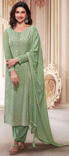 Green color Salwar Kameez in Art Silk fabric with Embroidered, Resham, Thread work