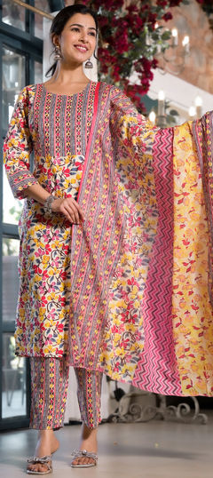 Party Wear Red and Maroon, Yellow color Salwar Kameez in Cotton fabric with Straight Printed work : 1951304