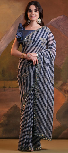 Black and Grey color Saree in Georgette fabric with Foil Print, Lehariya, Mirror, Printed work