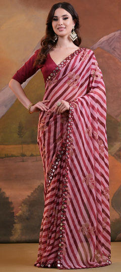 Red and Maroon color Saree in Georgette fabric with Foil Print, Lehariya, Mirror, Printed work