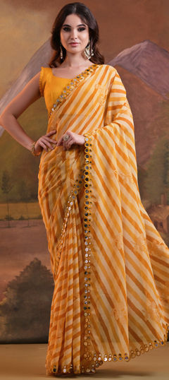 Yellow color Saree in Georgette fabric with Foil Print, Lehariya, Mirror, Printed work