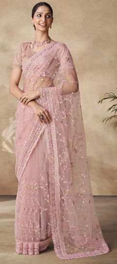 Pink and Majenta color Saree in Net fabric with Sequence, Thread, Zircon work