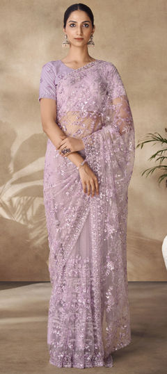 Bridal, Wedding Pink and Majenta color Saree in Net fabric with Classic Sequence, Thread, Zircon work : 1951395