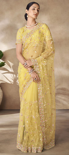 Bridal, Wedding Yellow color Saree in Net fabric with Classic Sequence, Thread, Zircon work : 1951396