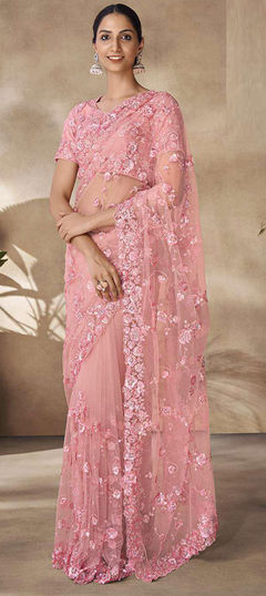 Bridal, Wedding Pink and Majenta color Saree in Net fabric with Classic Sequence, Thread, Zircon work : 1951398