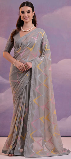 Black and Grey color Saree in Georgette fabric with Embroidered, Sequence, Thread work