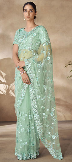 Bridal, Wedding Green color Saree in Net fabric with Classic Sequence, Thread, Zircon work : 1951400