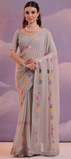 Black and Grey color Saree in Georgette fabric with Embroidered, Sequence, Thread work