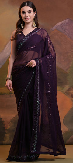 Purple and Violet color Saree in Georgette fabric with Embroidered, Sequence, Thread work