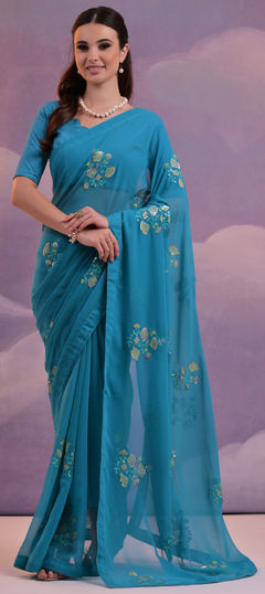 Blue color Saree in Georgette fabric with Embroidered, Sequence, Thread work