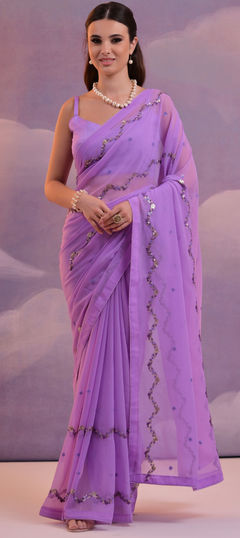 Purple and Violet color Saree in Georgette fabric with Embroidered, Sequence, Thread work