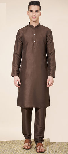 Beige and Brown color Kurta Pyjamas in Art Silk fabric with Thread work