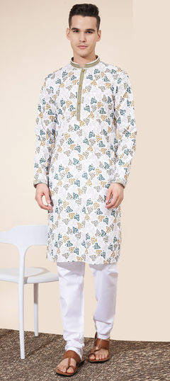 Multicolor color Kurta Pyjamas in Cotton fabric with Digital Print, Embroidered, Sequence, Thread work