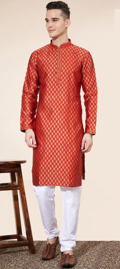 Red and Maroon color Kurta Pyjamas in Jacquard fabric with Resham, Thread, Weaving work