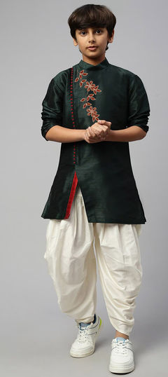 Green color Boys Dhoti Kurta in Dupion Silk fabric with Embroidered, Thread work