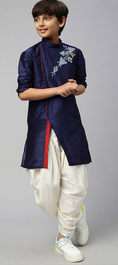 Blue color Boys Dhoti Kurta in Dupion Silk fabric with Embroidered, Thread work