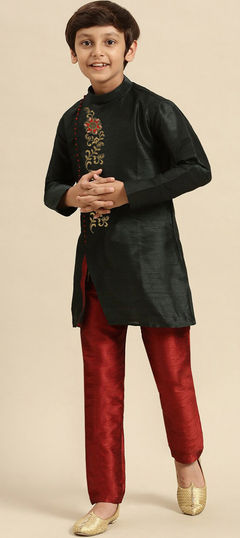 Black and Grey color Boys Kurta Pyjama in Dupion Silk fabric with Embroidered, Thread work