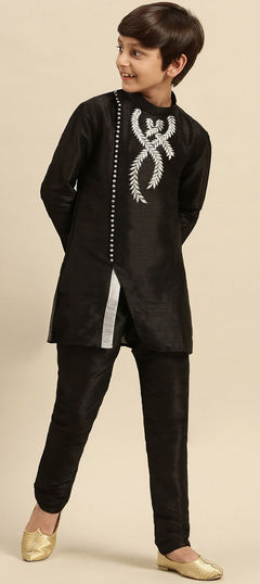 Black and Grey color Boys Kurta Pyjama in Dupion Silk fabric with Embroidered, Thread work