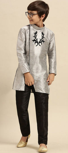 Black and Grey color Boys Kurta Pyjama in Dupion Silk fabric with Embroidered, Thread work