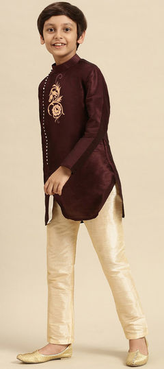 Purple and Violet color Boys Kurta Pyjama in Dupion Silk fabric with Embroidered, Thread work