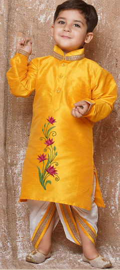Orange color Boys Dhoti Kurta in Dupion Silk fabric with Embroidered, Thread work