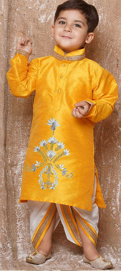 Orange color Boys Dhoti Kurta in Dupion Silk fabric with Embroidered, Thread work