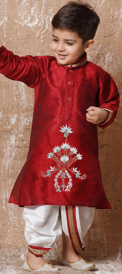 Red and Maroon color Boys Dhoti Kurta in Dupion Silk fabric with Embroidered, Thread work