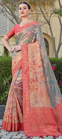 Multicolor color Saree in Organza Silk fabric with Printed, Weaving work