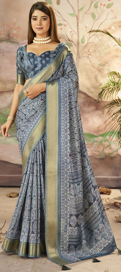 Black and Grey color Saree in Art Silk fabric with Printed, Weaving work