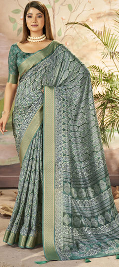Green color Saree in Art Silk fabric with Printed, Weaving work