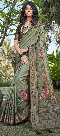 Festive, Traditional, Wedding Green color Saree in Silk fabric with South Floral, Printed, Weaving work : 1951650