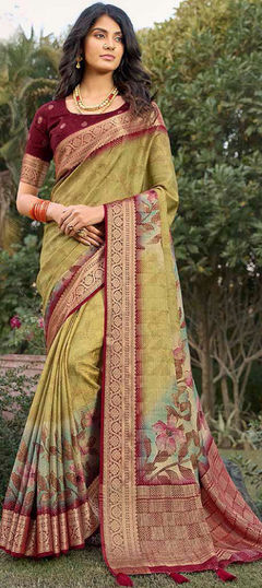 Festive, Traditional, Wedding Green color Saree in Silk fabric with South Floral, Printed, Weaving work : 1951651