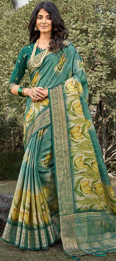 Festive, Traditional, Wedding Blue color Saree in Silk fabric with South Floral, Printed, Weaving work : 1951654