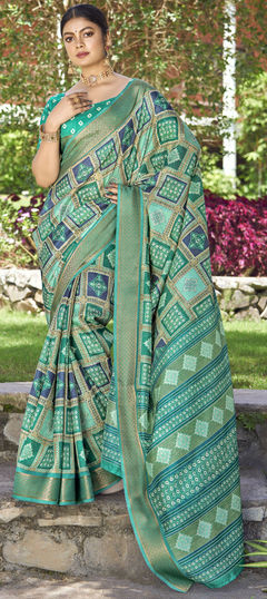 Green color Saree in Art Silk fabric with Printed, Weaving work