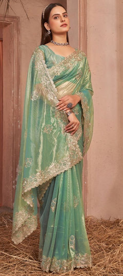 Green color Saree in Shimmer fabric with Embroidered, Thread, Zari work