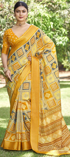 Yellow color Saree in Art Silk fabric with Printed, Weaving work