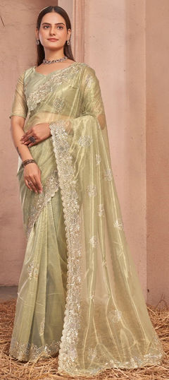 Gold color Saree in Shimmer fabric with Embroidered, Thread, Zari work