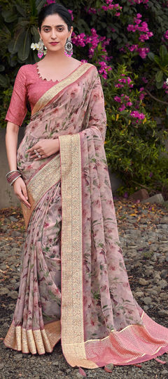 Pink and Majenta color Saree in Silk fabric with Floral, Printed, Weaving, Zari work