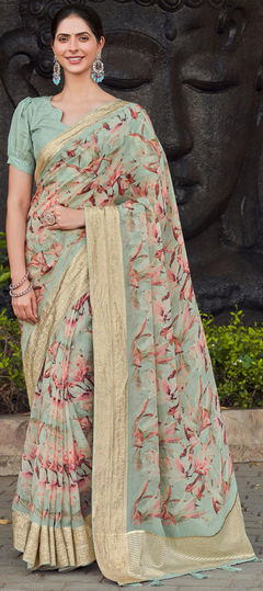 Reception, Traditional, Wedding Green color Saree in Silk fabric with South Floral, Printed, Weaving, Zari work : 1951689