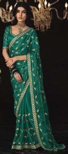 Green color Saree in Silk fabric with Embroidered, Sequence, Thread work