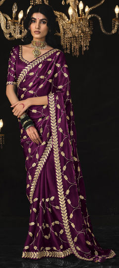 Purple and Violet color Saree in Silk fabric with Embroidered, Sequence, Thread work