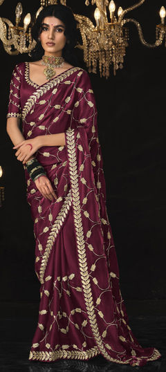 Red and Maroon color Saree in Silk fabric with Embroidered, Sequence, Thread work