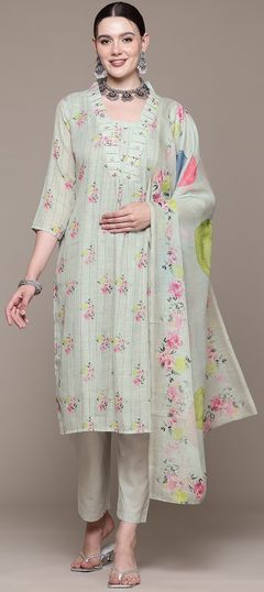 Green color Salwar Kameez in Linen fabric with Cut Dana, Floral, Printed work