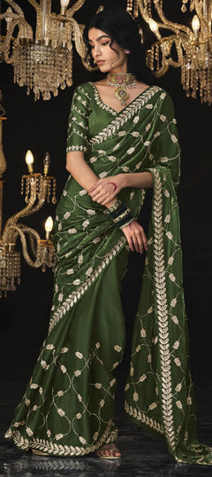 Green color Saree in Silk fabric with Embroidered, Sequence, Thread work