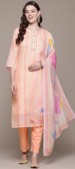 Pink and Majenta color Salwar Kameez in Linen fabric with Cut Dana, Printed work