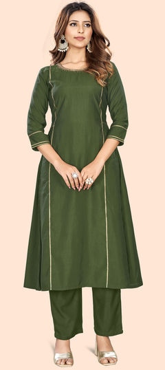 Green color Salwar Kameez in Polyester Silk fabric with Thread work