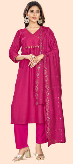 Pink and Majenta color Salwar Kameez in Art Silk fabric with Thread work