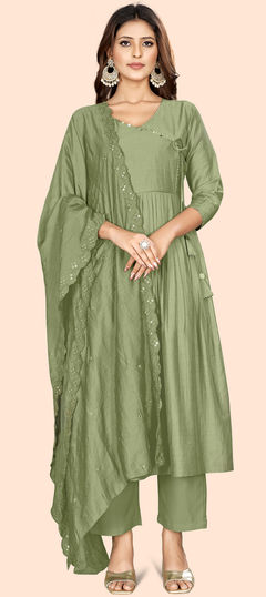 Green color Salwar Kameez in Art Silk fabric with Thread work