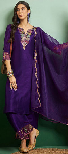 Festive, Party Wear, Reception Purple and Violet color Salwar Kameez in Chanderi Silk fabric with Straight Embroidered, Thread work : 1951733