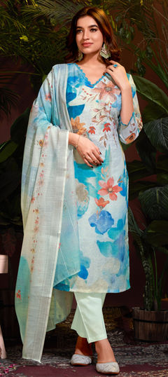 Blue color Salwar Kameez in Linen fabric with Bugle Beads, Embroidered, Printed, Thread work